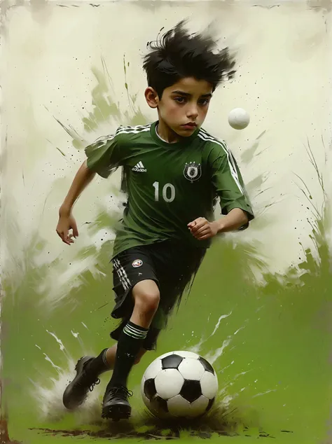 A young Hispanic boy with short black hair enthusiastically playing football. Hes wearing a green and white jersey, black shorts, and football boots. His eyes are solely focused on the approaching ball, as he is about to kick it with all his might. His exp...