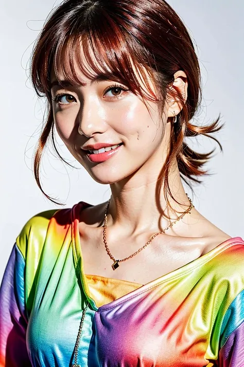 (Highest quality, 8K, 32k, masterpiece, Ultra-high resolution:1.2),Beautiful Japanese Women Photos, Rainbow clothes、Rainbow hoodie、solo、Large Breasts, Very short bob hair,Red hair, necklace, Simple Background, From above, View your viewers,Red Hair、White b...