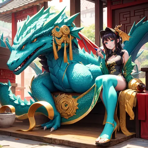 , dragon statue, holding fan, Sitting in a Chinese village, wearing a green China short dress, heels, Beautiful eyes, close up, outdoor, masterpiece
