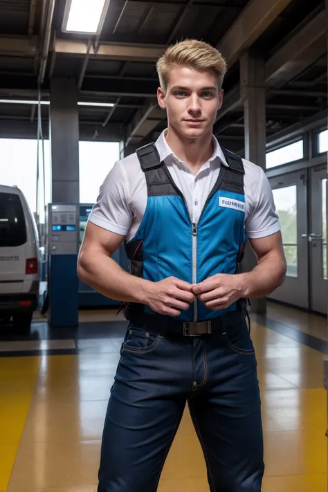 1boy, (Blue Eyes), happy smile,American boy,18 years old,young, thick body, slender, sport body build, child-like,White Teenage boy ,Blonde man Imagine a young 18 years old safety officer standing in an electric station. He is wearing a fluorescent yellow ...