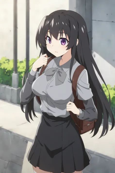 anime girl with a backpack and a mask on her face, purple eyes, anime moe artstyle, cute anime waifu in a nice dress, anime visual of a cute girl, beautiful anime high school girl, gray shirt, short skirt, anime girl with long hair, long straight hair, hig...