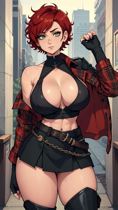 woman, curly red pixie cut hair, green eyes, wearing crop top black shirt, red plaid skirt, (black knee high boots), black fingerless gloves, jacket, exposed shoulders, thick thighs, (full body), large breasts, freckles, cleavage, abs, looking at viewer, m...