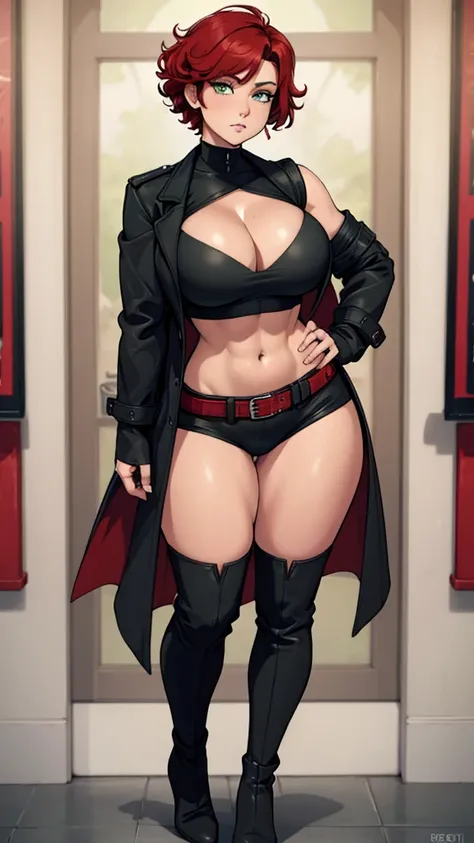 woman, curly red pixie cut hair, green eyes, wearing crop top black shirt, red plaid skirt, (black knee high boots), black fingerless gloves, jacket, exposed shoulders, thick thighs, (full body), large breasts, freckles, cleavage, abs, looking at viewer, m...