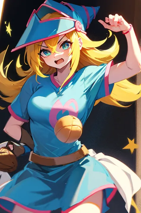 a trucker princess, wears a dress and a baseball cap, has an angry expression