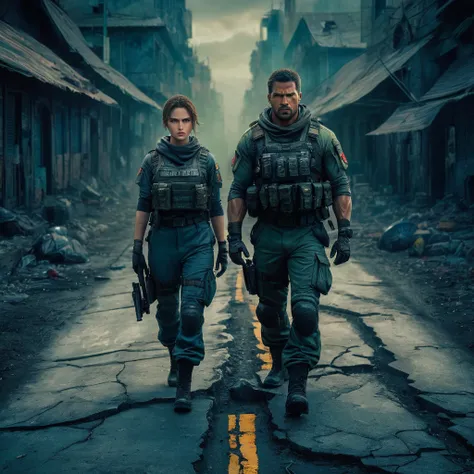 A stunning 32K, UHD live action photorealistic portrait showcasing a woman and a muscular man, both wearing clean-faced, serious expressions. They appear to be surveying their surroundings in a dilapidated street. Clad in specialized military attire and eq...