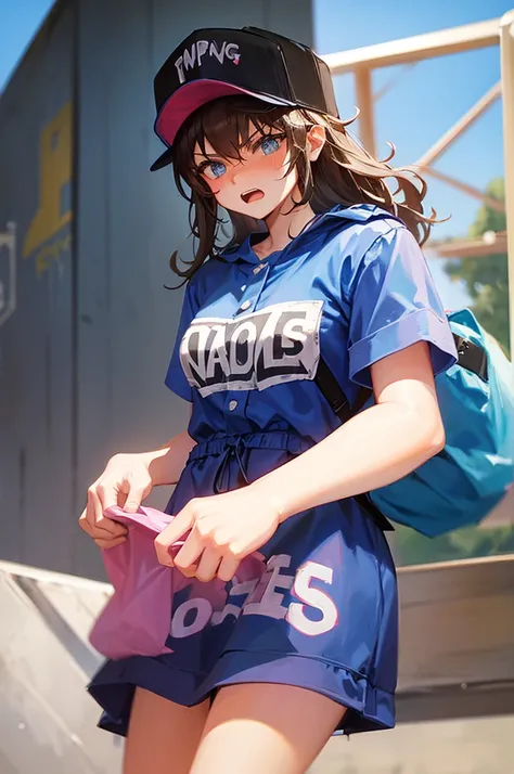 a trucker princess, wears a dress and a baseball cap, has an angry expression