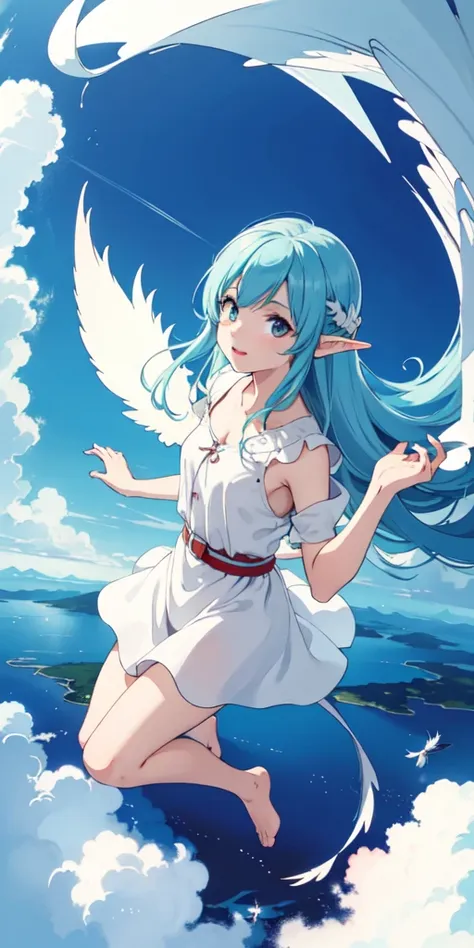 1girl, (fish-eye lens), looking at viewer, windy, (vast skies scenery) (clouds), atmospheric, (colorful skies), elf, silky dress, (from above:1.2), (wide shot), (matching wings:1.2), facing the viewer, floating hair, (jumping)