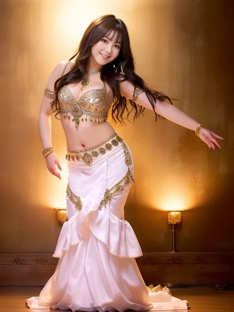 Photo-realistic quality、ステージ上で緑のドレスを着てBelly danceを踊る日本人アイドル, Belly dance, She is dressed as a belly dancer, gracefully Belly dance pose, Full Body Shot, Beautiful slim Japanese model、Detailed and beautiful eyes、Cute smile、A soft and gentle look