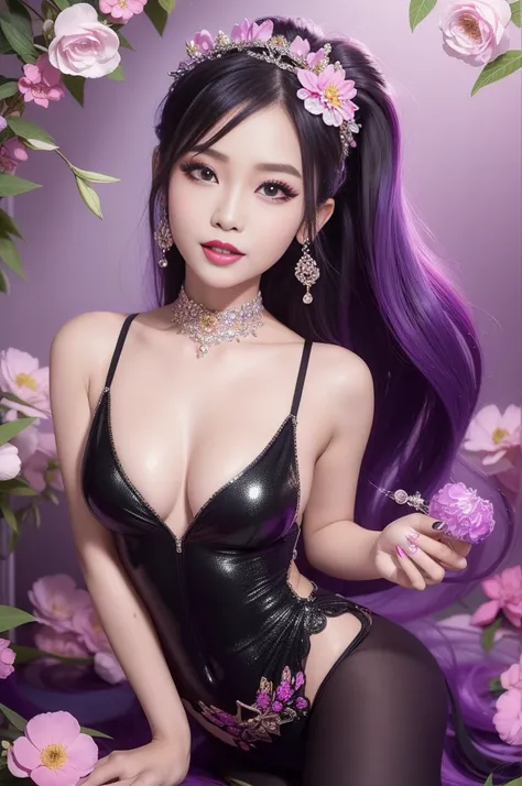 sexy Thai model who controls poison、beautiful smile、lipgloss、bold lipstick、intense makeup、look at the camera、full body Esbian、、sparkling poisoned flower costume、、、、sparkling Colorful hair、secrete poison、skull hair accessories、sexy tights、shiny sparkling fl...