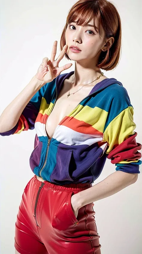 (Highest quality, 8K, 32k, masterpiece, Ultra-high resolution:1.2),Beautiful Japanese Women Photos, Rainbow clothes、Rainbow hoodie、Large Breasts, Very short bob hair,Red hair, necklace, Simple Background, From above, View your viewers,Red Hair、White backgr...