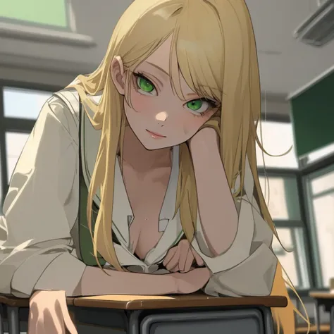 Blonde student, green-eyed and sexy in the classroom 