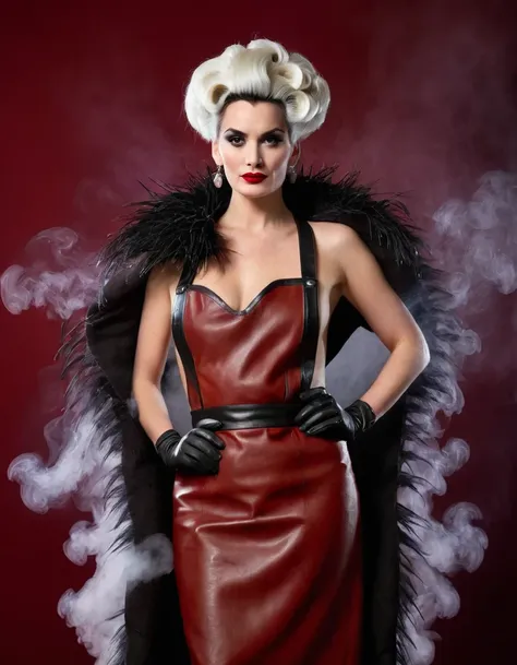 cruella. a very magnificent hairstyle. a naked model in a long leather butcher's apron. hands in gloves on hips. an elegant pose...