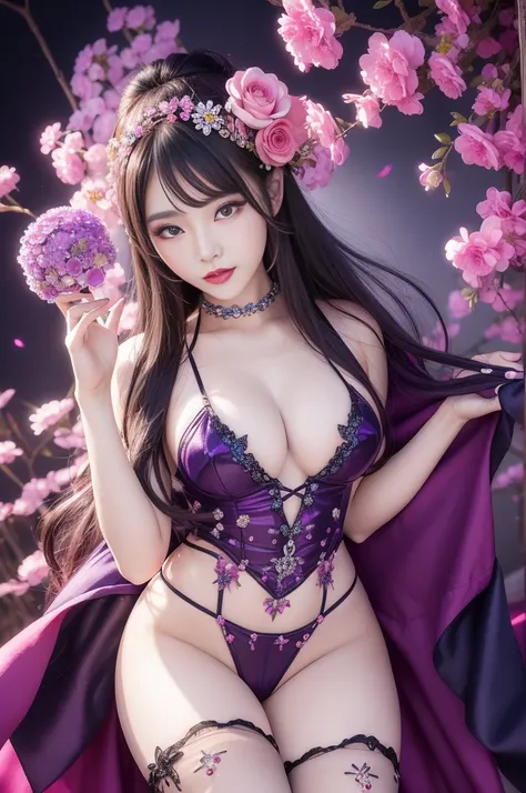 sexy Korean model who controls poison、beautiful smile、lipgloss、bold lipstick、intense makeup、look at the camera、full body Esbian、、sparkling poisoned flower costume、、、、sparkling Colorful hair、secrete poison、skull hair accessories、sexy tights、shiny sparkling ...