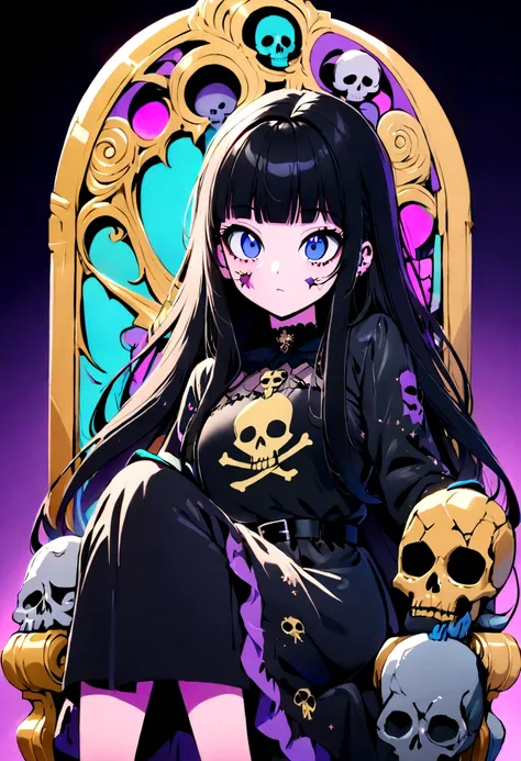 Black Hair、Black Feather、Gothic punk dress、Legs sticking out， Crossing your legs、Throne,anime zombie witch design, Crossbones, skull, Streetwear Design, Provector, Horror Style, Full Design, Only 6 colors, Solid Colors, No Shadow, Full Design, Stickers, Br...