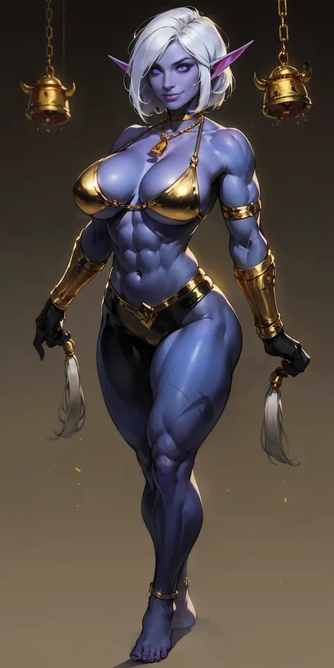 ((plain background:1.2, 1sologirl)) full body standing barefoot, purple skin, drow, elf, Madura, Detailed happy face, purple eyes, white hair bob style, gold bikini, well defined six pack abs, Large knockers, black leather choker with gold cow bell, gold c...