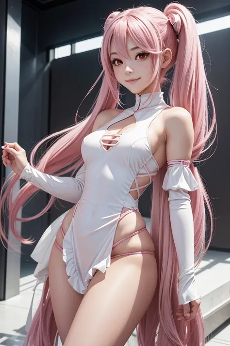 Perfect human body modeling, 1girl, small breasts, beautiful girl, cute girl and idol face, young face, smile, Beautiful long pink hair, twintails, Beautiful shining red eyes, white skin, Short body, 2B, Nier automate dressing in costume, esp. as a manga c...