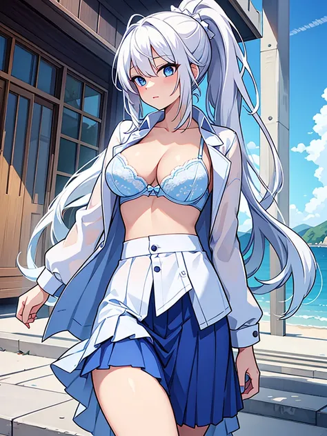 pretty,sexy,wind,button unbuttoned,lingerie,white hair,ponytail,blue clothes,Blue Eyes,Adult,busty,skirt