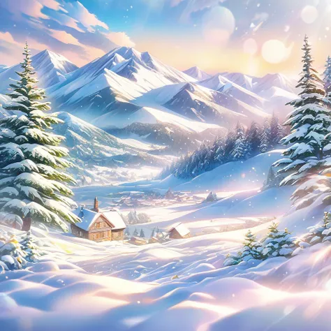 snow scene，snow，mountains，plant（（（romantic atmosphere）））（（（fairy tale elements）））（（（masterpiece）））， （（best quality））