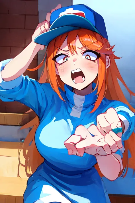 a trucker princess, wears a dress and a baseball cap, has an angry expression