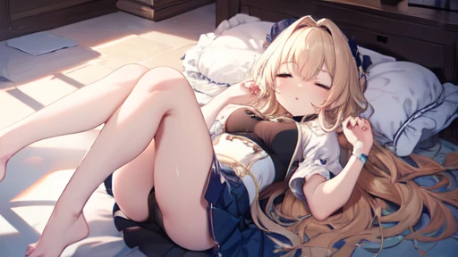 floor、mini skirt，Clothes with intricate details，Bright，Swimsuit，one person，blond，Sexy、Deep sleep、long hair、Stockings