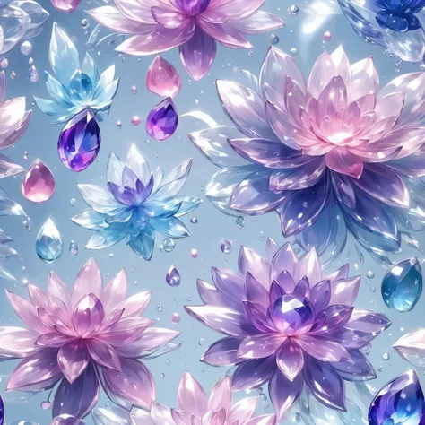 blue、Purple、Pink、Transparent water flower。Transparent petalelting Flowers。Drops are falling。A flower with a cool impression。File Fantasy Crystal Flower。