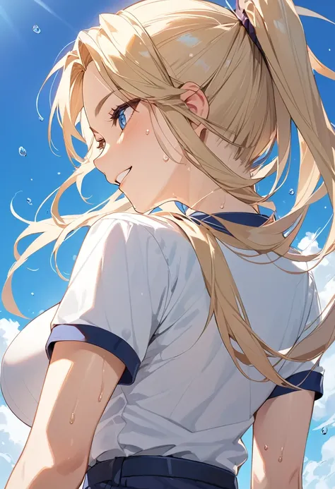 (Highest quality、Very detailed、Ultra-high resolution) 、(1 girl、17 years old、Mature), blue eyes、smile、((Blonde))、Semi-long hair、Beautiful breasts、blue sky、Polo shirt、Short sleeve、Sweat、from behind, from below