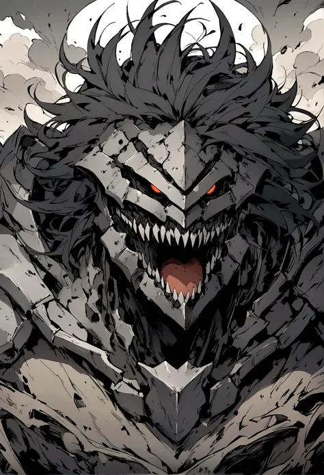 Anime drawing style of a boy with long messy black hair., with head and face of steel monster with a big mouth with sharp steel teeth without eyes, who wears gray armor with brown cloth 