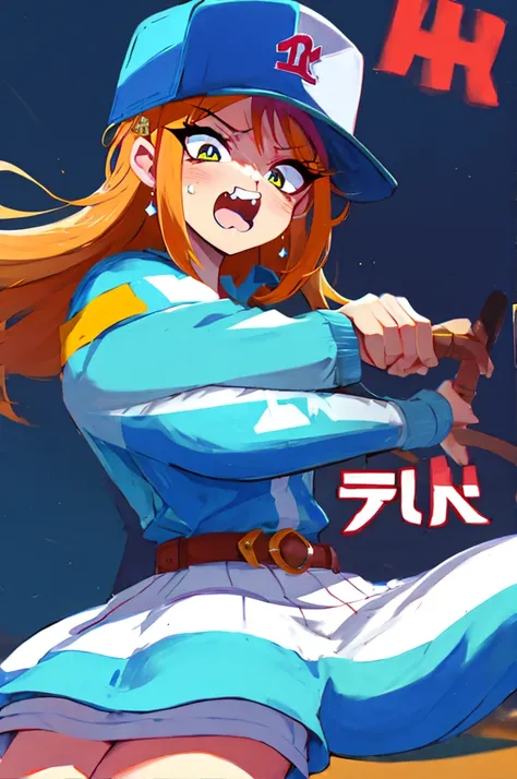 a trucker princess, wears a dress and a baseball cap, has an angry expression