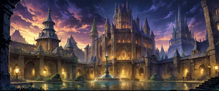 Magic Academy(Medieval European Temples)，There are huge walls around.，There is a lake in the atrium，There is a fountain in the middle of the lake，The castle is richly decorated，There is a magic tower in the distance behind the castle，Towering into the sky，...