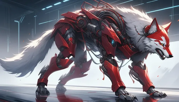 ((Masterpiece)), ((Best Quality)), (Very Detailed), ((Very Detailed)), 4K, (8K), very aesthetic, absurdres highres, A highly detailed and realistic illustration of a wolf wearing advanced red and silver mechanical armor. The armor should have intricate det...