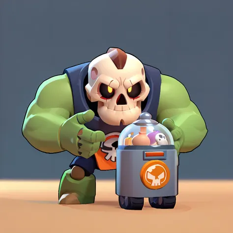 full body view of robot mixed with incubator, living skull in incubator, human skull, having transparent muscular green arms, nuclear logo, brawl, brawl stars