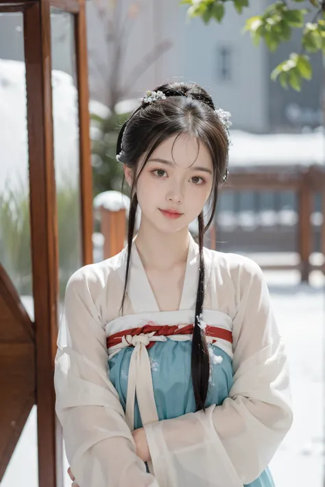 Wearing Hanfu, Fair skin, 1 Girl，Please close your mouth and laugh，happy, Winters，23-year-old woman，high quality，looking at the camera，Facing the audience，snow day，Real person，Beautiful and delicate girl, running、 Highly detailed eyes and face，Fine details...