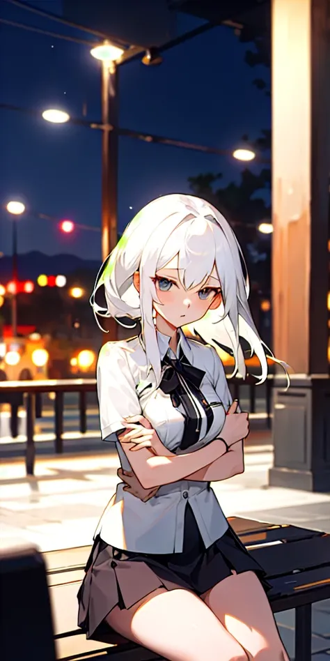 (masterpiece, Highest quality),Night Park, 1 sitting white haired girl, Hold your chest with both arms, Short skirt, My chest is exposed, Blurred foreground