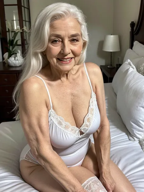 Mature old woman 80 years with white straight hair, plus size, old face and body with many wrinkles, loose skin, smiling sitting at bedroom posing for photo, She wearing satin black bodysuit with white pattern and white lace stockings, side view. jaw dropp...