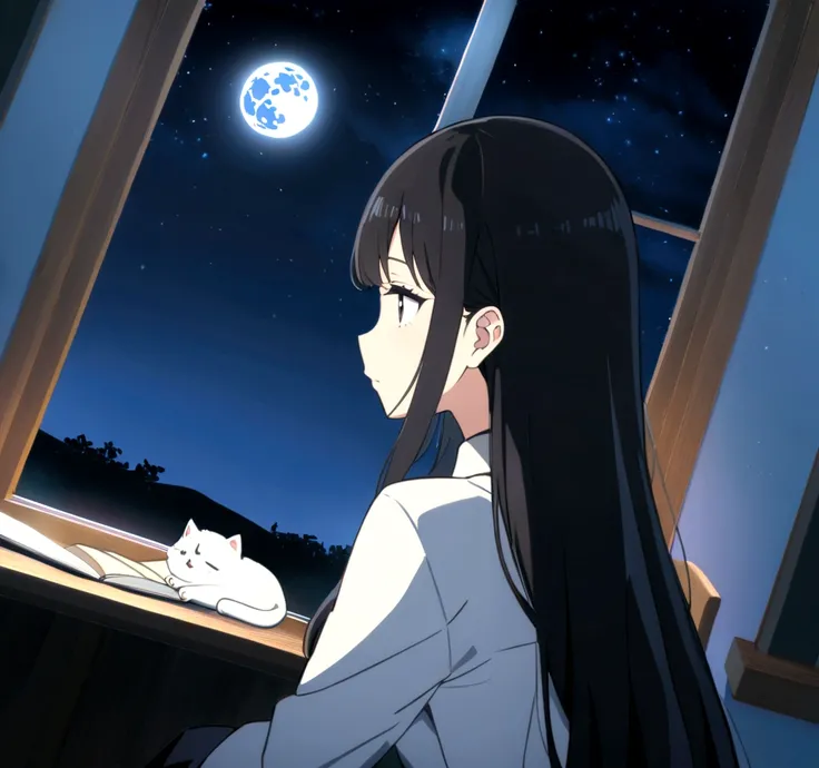 ((Beautiful)) ((masterpiece)) ((anime style)) women, black hair, long hair, black eyes, Reading books, clean room, sitting near window, white furry cat on table, moon, ((night)), 8k, ultra HD, (((side angle shot)))