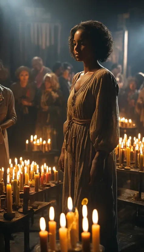 nighttime vigils with candles held by civil rights supporters, background dark gold sun, hyper realistic, ultra detailed hyper r...