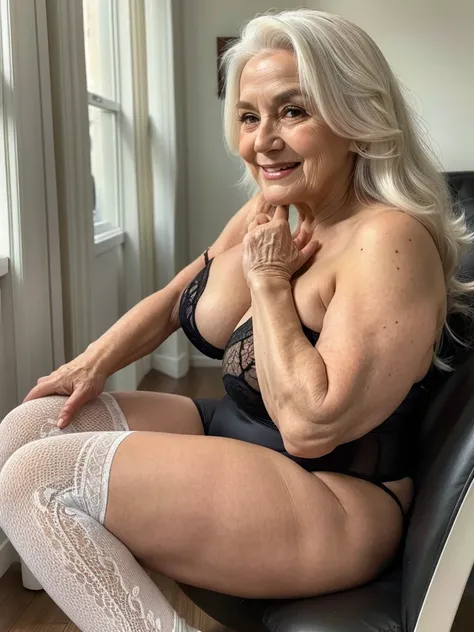 Mature old woman 80 years with white straight hair, plus size, old face and body with many wrinkles, loose skin, smiling sitting at bedroom posing for photo, She wearing satin black bodysuit with white pattern and white lace stockings, side view. jaw dropp...