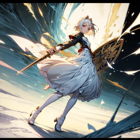 1girl, Full body version, 1character, light red eyes color, white skin, short hairstyle, white colour hair, saber style clothing, Long skirt, long socks, long boots, dagger knife in hand, small Shield in hand, full background, Grassroots background in vill...