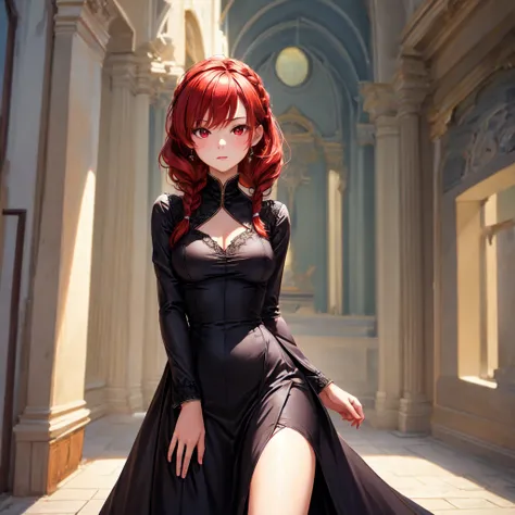 masterpiece, Highest quality,High resolution,Dorothy, Redhead,Red eyes, Have,dress,Braiding, black dress, View your viewers,
