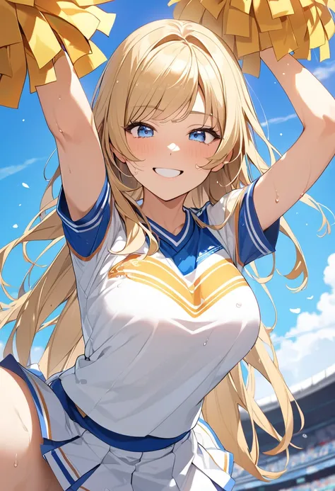 (Highest quality、Very detailed、Ultra-high resolution) 、(1 girl、17 years old、Mature), blue eyes、smile、((Blonde))、Semi-long hair、Beautiful breasts、blue sky、Cheerleader、Short sleeve、Sweat