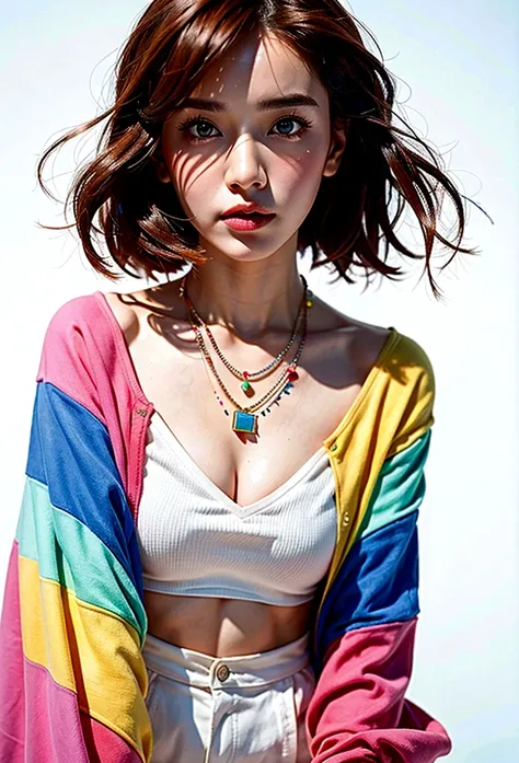 (Highest quality, 8K, 32k, masterpiece, Ultra-high resolution:1.2),Beautiful Japanese Women Photos, Rainbow clothes、Rainbow hoodie、Large Breasts, Very short bob hair,Red hair, necklace, Simple Background, From above, View your viewers,Rainbow colors￥Hair、W...