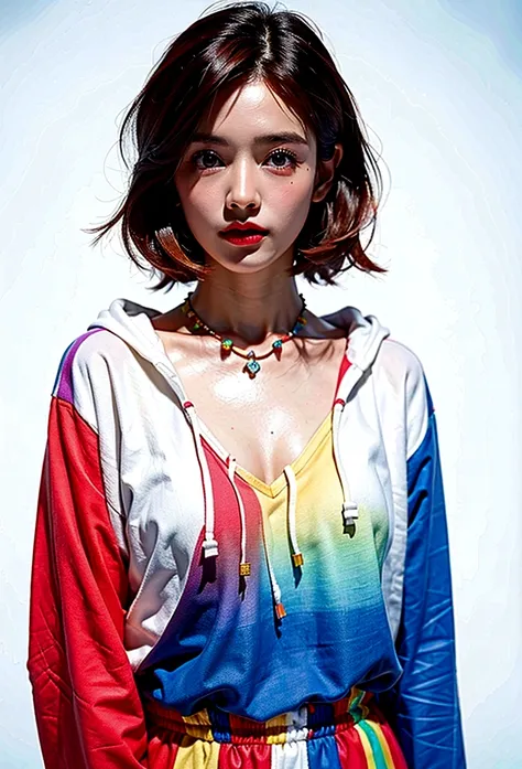 (Highest quality, 8K, 32k, masterpiece, Ultra-high resolution:1.2),Beautiful Japanese Women Photos, Rainbow clothes、Rainbow hoodie、Large Breasts, Very short bob hair,Red hair, necklace, Simple Background, From above, View your viewers,Rainbow colors￥Hair、W...