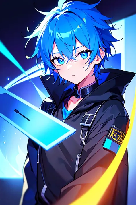 [(ATMOSPHERE BACKGROUND:1.5),::5], ((((masterpiece)))), high quality, ultra very high resolution, full color, (((solo))), ((little boy)), oriental Blue hair, (oriental blue eyes), anime, ((upper body)), neon light, black parka, 