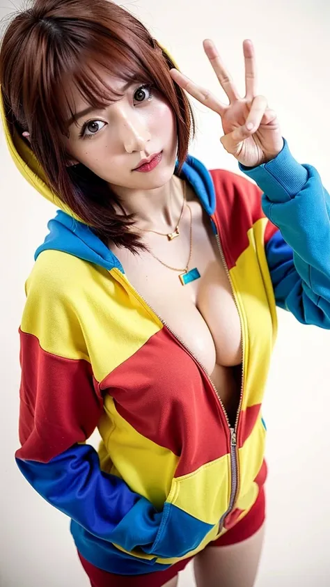 (Highest quality, 8K, 32k, masterpiece, Ultra-high resolution:1.2),Beautiful Japanese Women Photos, Rainbow clothes、Rainbow hoodie、Large Breasts, Very short bob hair,Red hair, necklace, Simple Background, From above, View your viewers,Red Hair、White backgr...