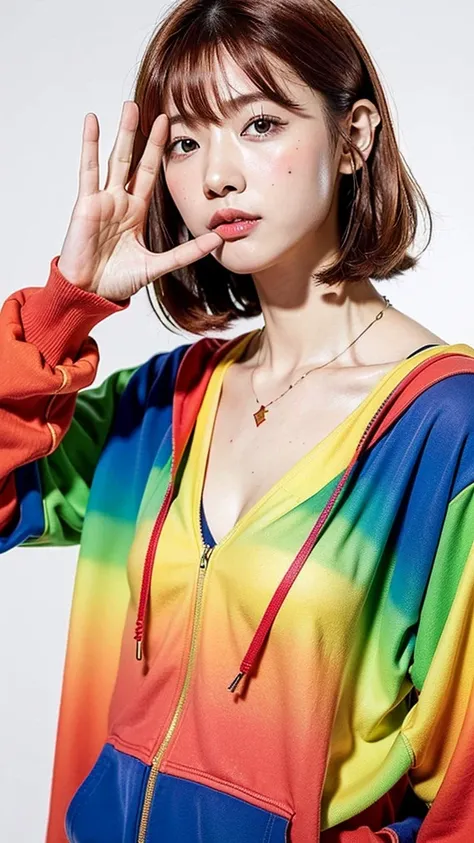 (Highest quality, 8K, 32k, masterpiece, Ultra-high resolution:1.2),Beautiful Japanese Women Photos, Rainbow clothes、Rainbow hoodie、Large Breasts, Very short bob hair,Red hair, necklace, Simple Background, From above, View your viewers,Red Hair、White backgr...