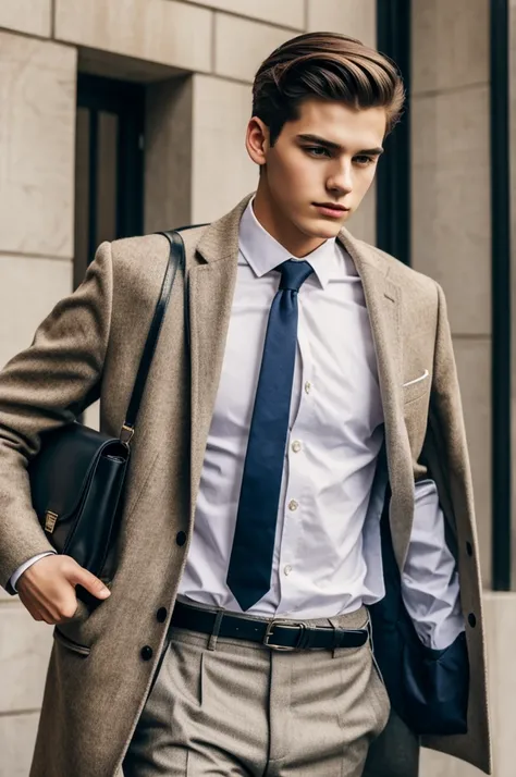 Fashion photo, gentleman style, 20 year old male wearing a chest bag