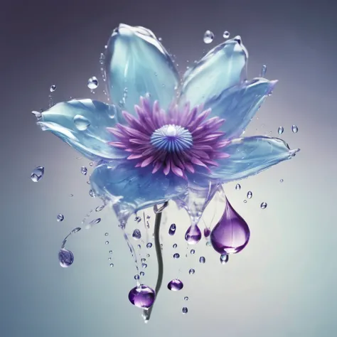 blue、Purple、Transparent water flower。Transparent petalelting Flowers。Drops are falling。A flower with a cool impression。File Fantasy-like fantastic flowers。Flowers that represent water。