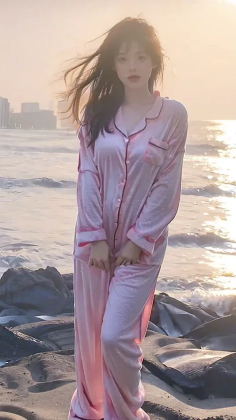 young girl with big breasts, part of his chest is visible, wearing sexy pajamas, was standing on the beach, whole body, Realistic, High definition. 