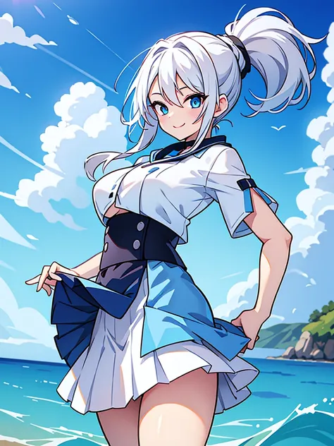 pretty,sexy,wind,white hair,ponytail,blue clothes,blue eyes,adult,busty,skirt,breasts visible,smiling face