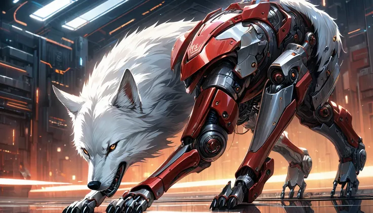 ((Masterpiece)), ((Best Quality)), (Very Detailed), ((Very Detailed)), 4K, (8K), very aesthetic, absurdres highres, A highly detailed and realistic illustration of a wolf wearing advanced red and silver mechanical armor. The armor should have intricate det...